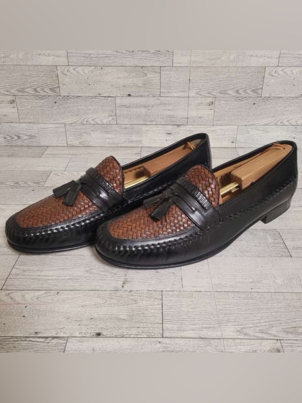 Men’s Florsheim Bowman Brown Black Woven Leather Tassel Loafers Shoes Size 13